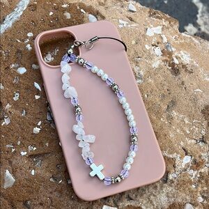 Beaded Phone Charm with Cross - clear and White